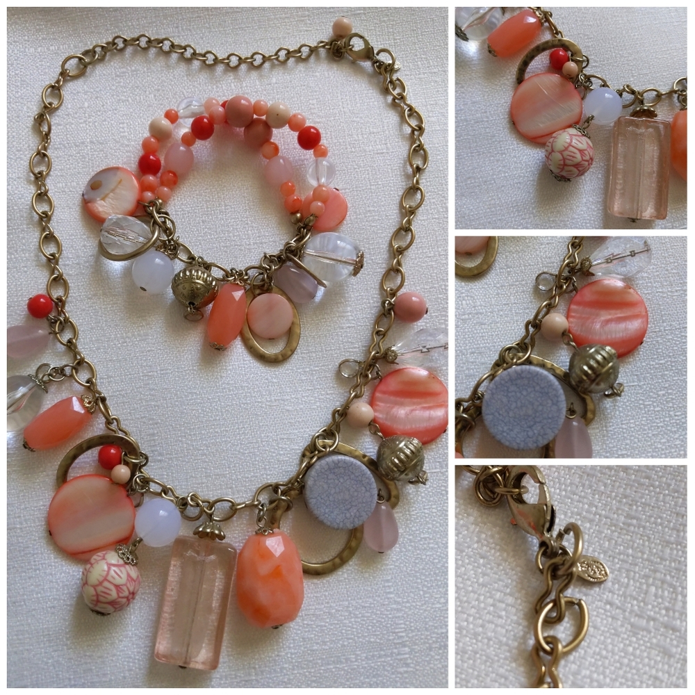 Vintage Premier 16" To 20" Necklace and Bracelet set Peach Gray White Gold EUC.